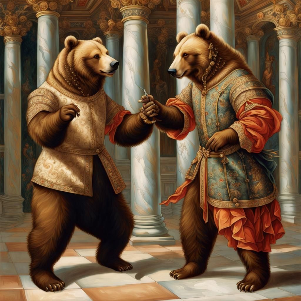 Bears Fencing in Renaissance Painting Style