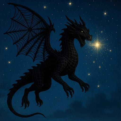 Black Spiderweb Dragon Catches Starlight in Night Sky