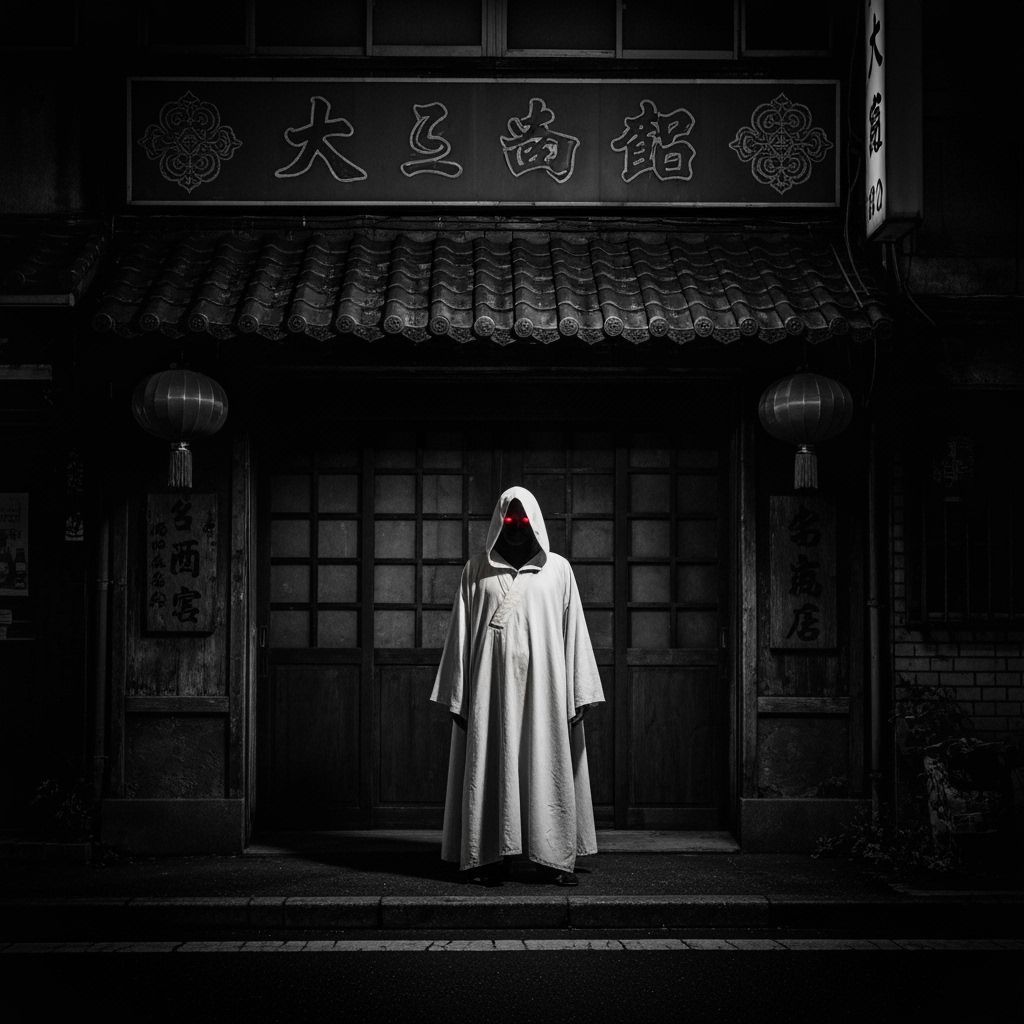 Eerie Cloaked Figure in Abandoned Shop: Gritty B&W Photo