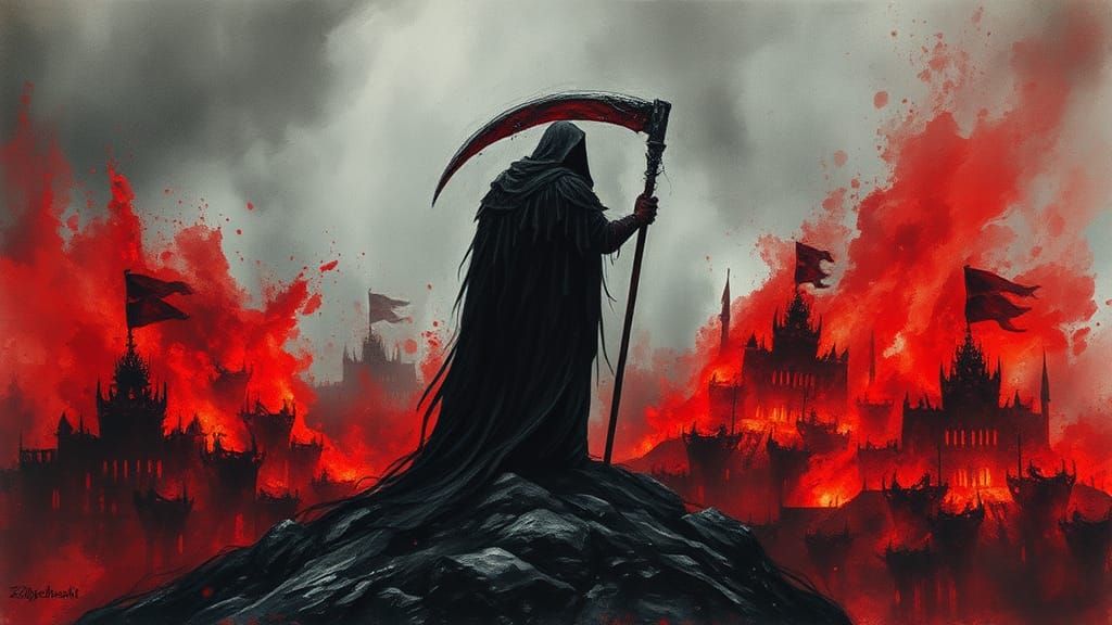 Grim Reaper Overlooks Battlefield in Grimdark Style