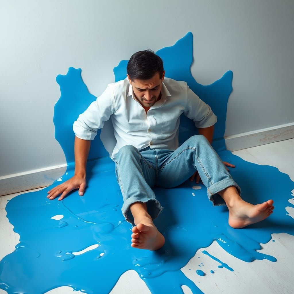 Man Stuck to Floor in a Dripping Pool of Bright Blue Glue