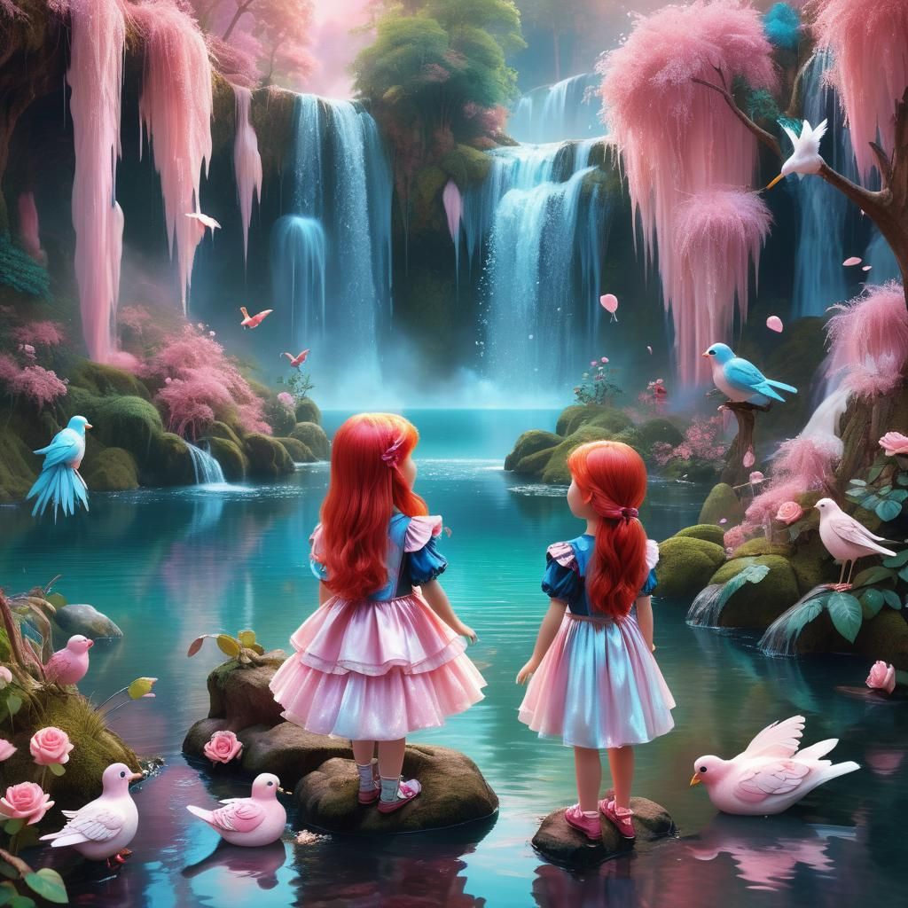 Pink Fantasy World with Girl and Porcelain Dolls