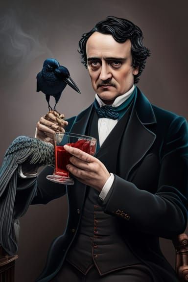 Poe Drinking Absinthe with Crow in Gothic Style