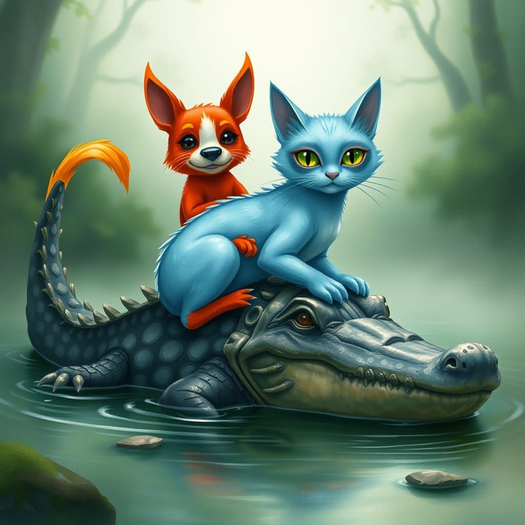 Mystical Creatures on Ancient Crocodile in Enchanted Lake