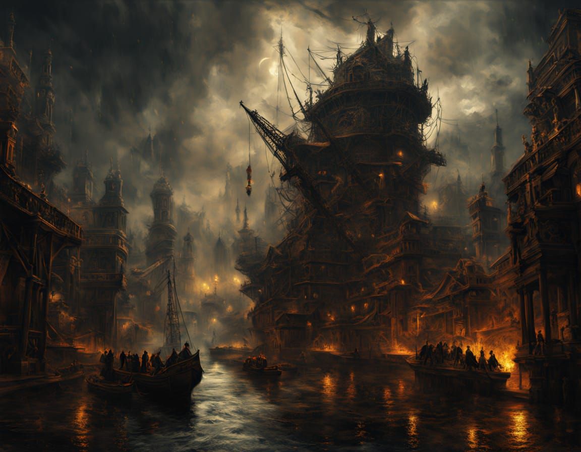 Surreal Oil Rig in Rain, Chiaroscuro Painting