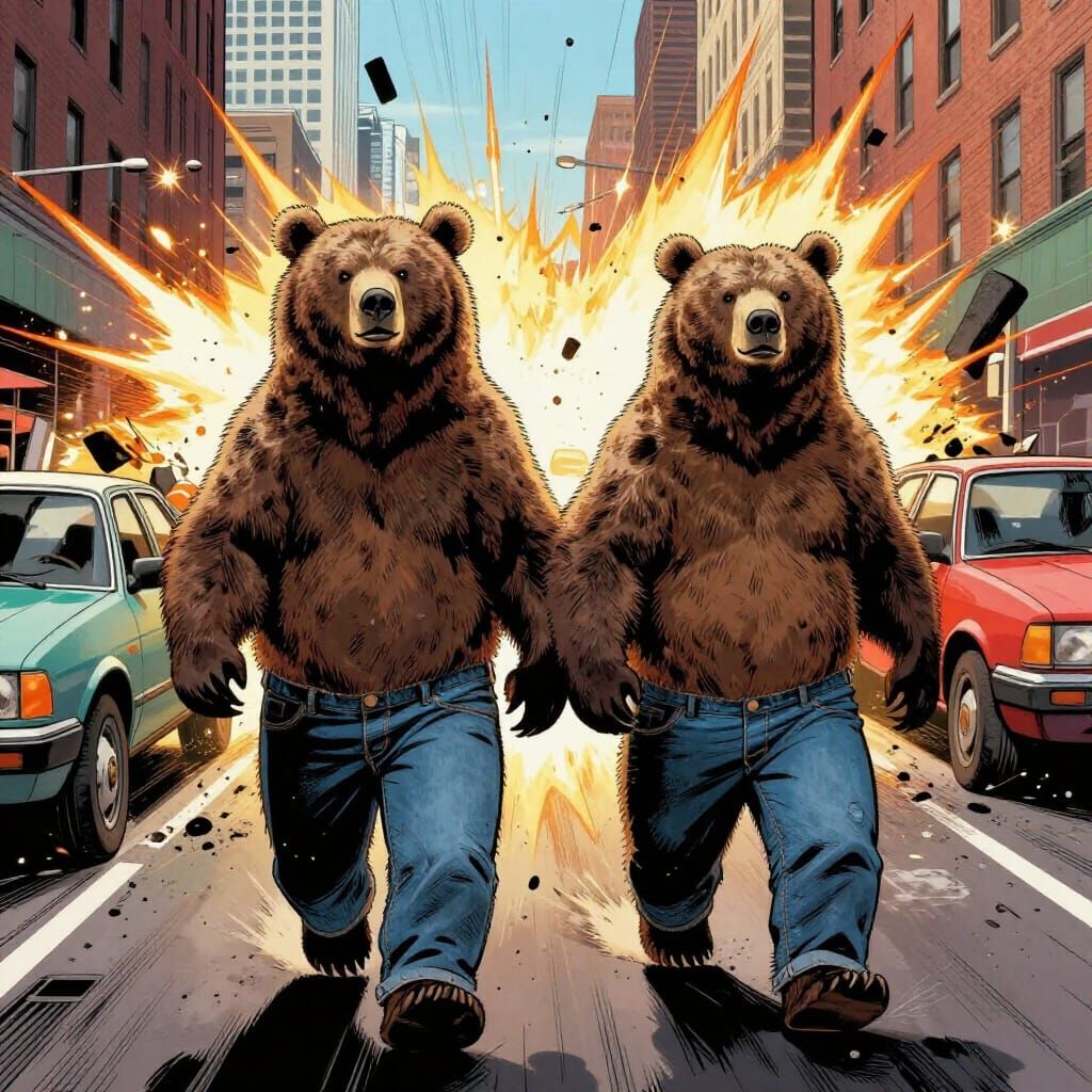 Bears in Jeans Walk Hand-in-Hand Amidst City Car Chaos