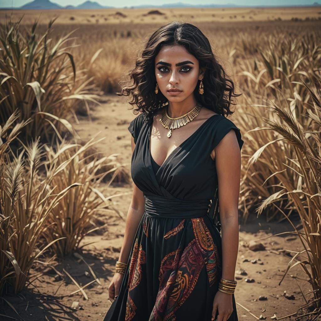 Egyptian Woman in Cloudy Field: Cinematic Film Still
