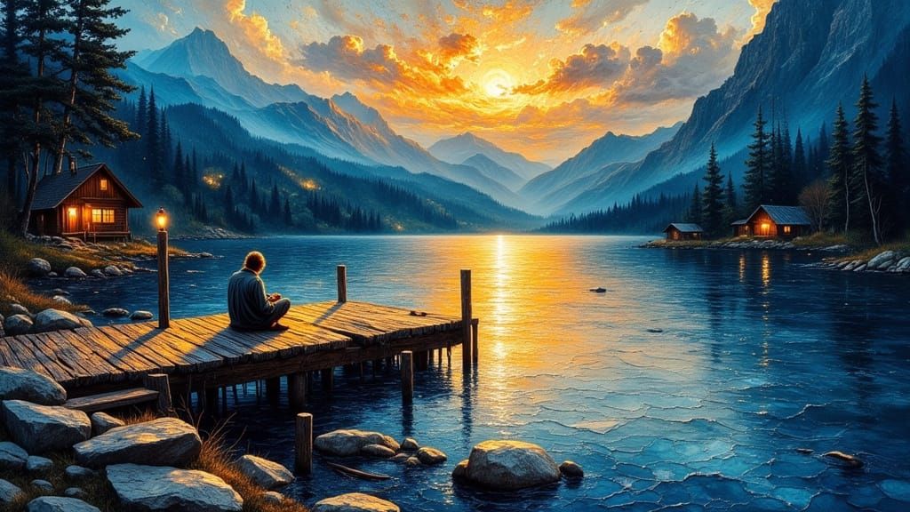 Figure on Dock with Lantern at Sunset, Impasto Style