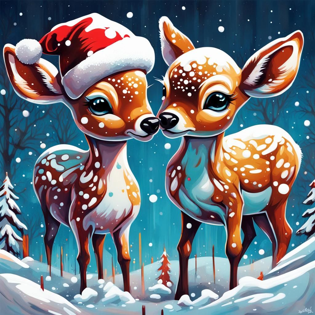 Winter Wonderland Snowman and Fawns Graffiti Art
