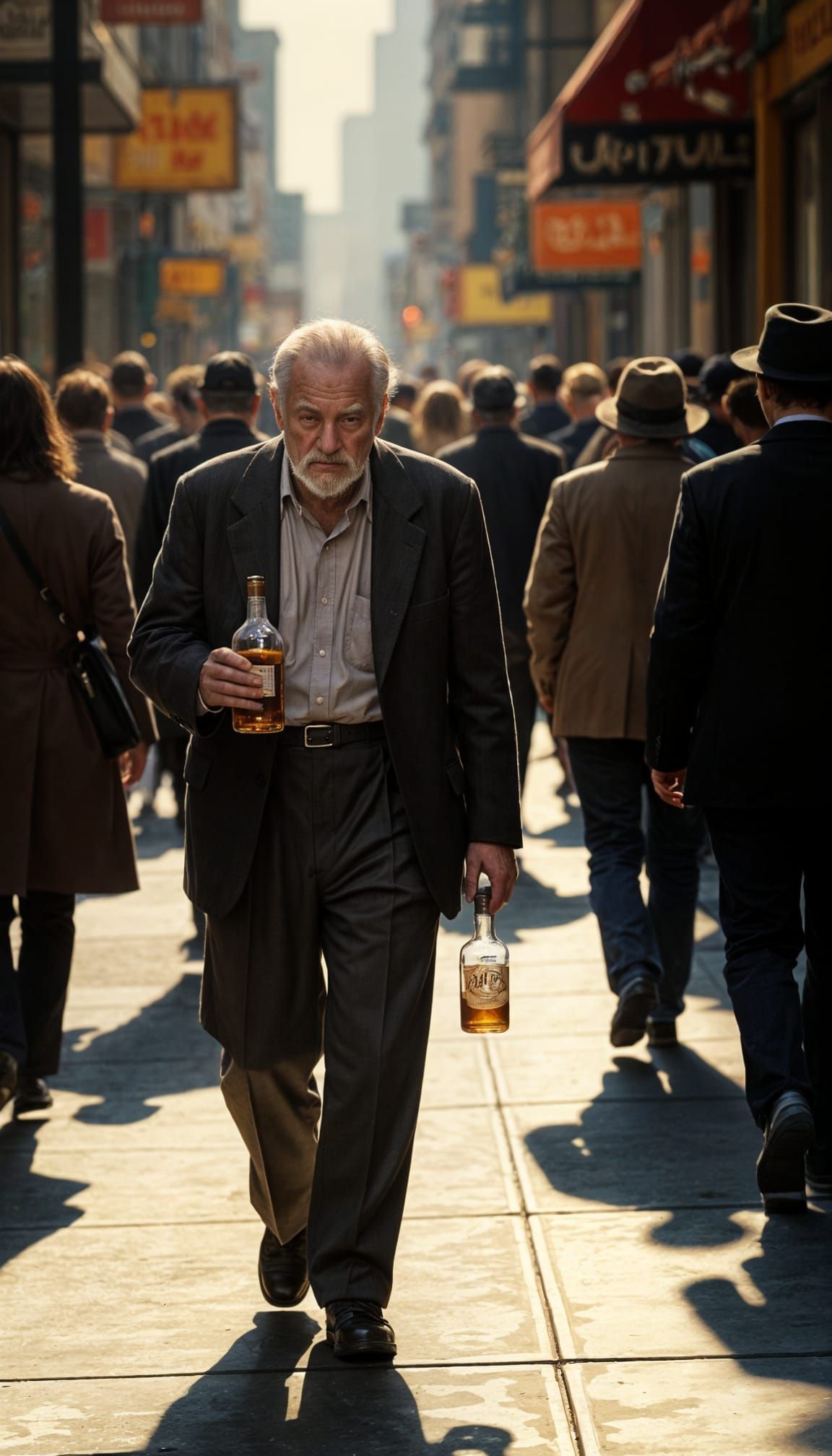 Sad Old Man Walks With Whiskey, Crying Over Past Mistakes