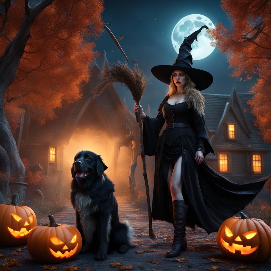 A witch and a newfoundland doing trick or treat, full moon, halloween,