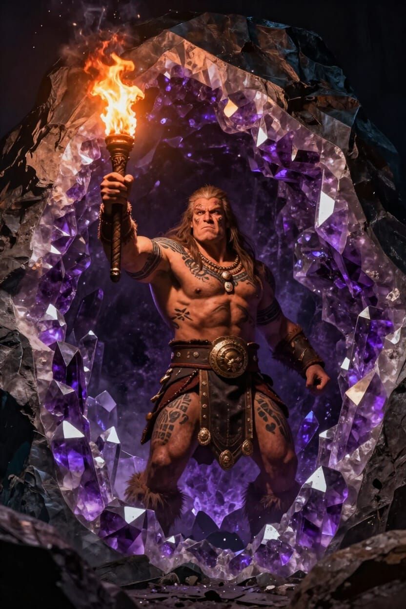 The barbarian man stays with torch inside giant ametyst crystal geode
