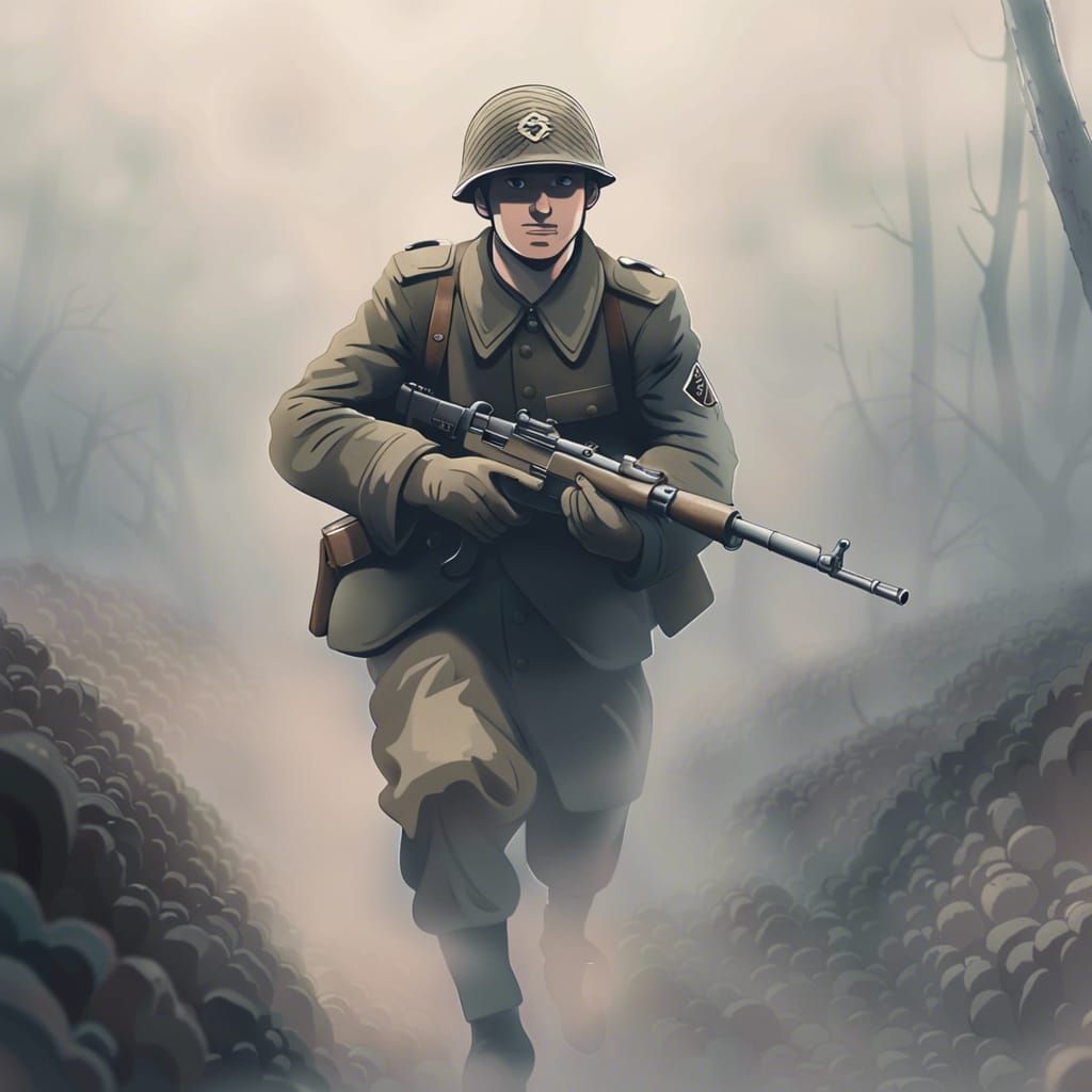 Anime WW2 Soldier in Foggy Trenches
