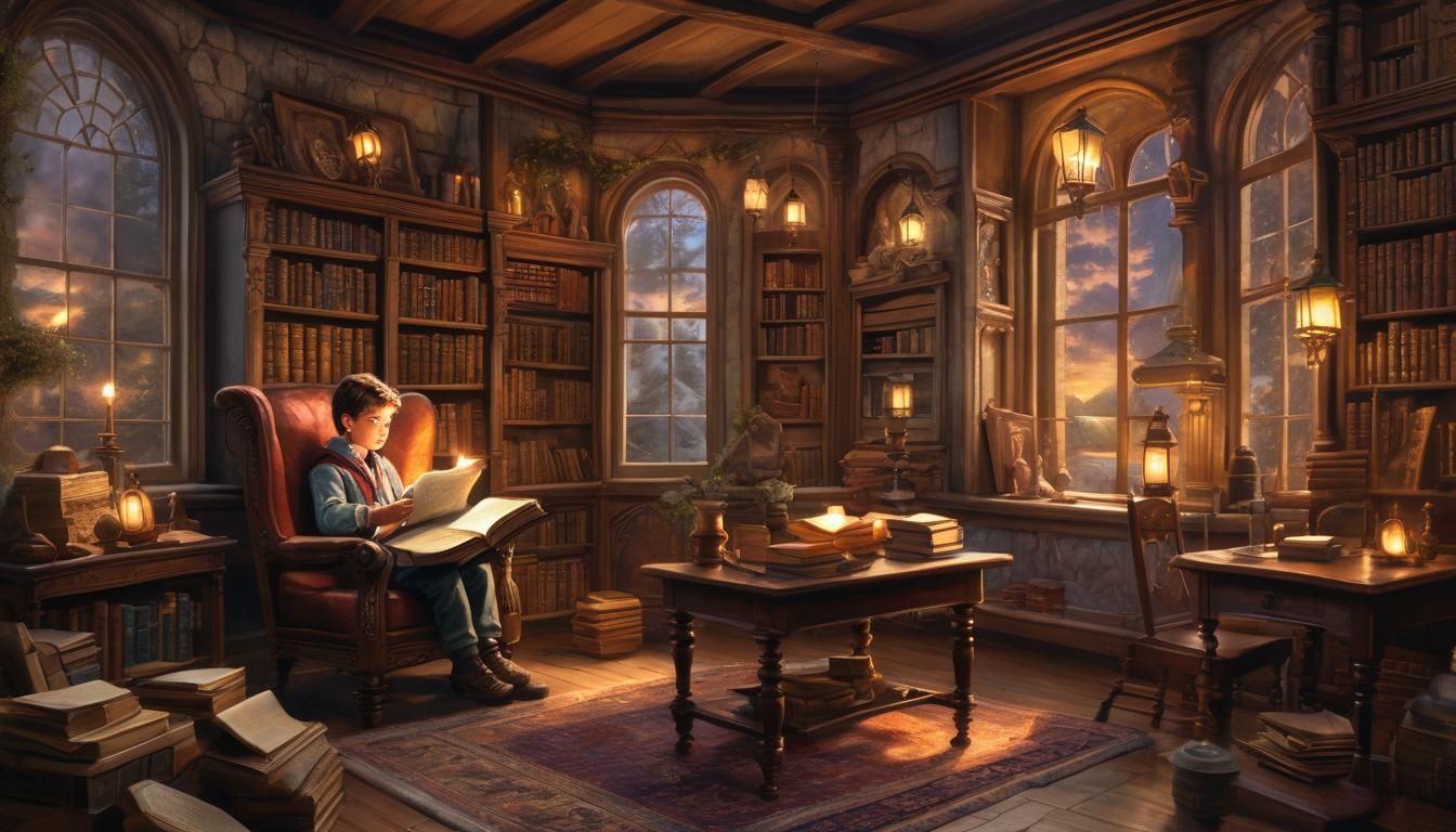 Child Reading in Cozy Library: Ethereal Painting