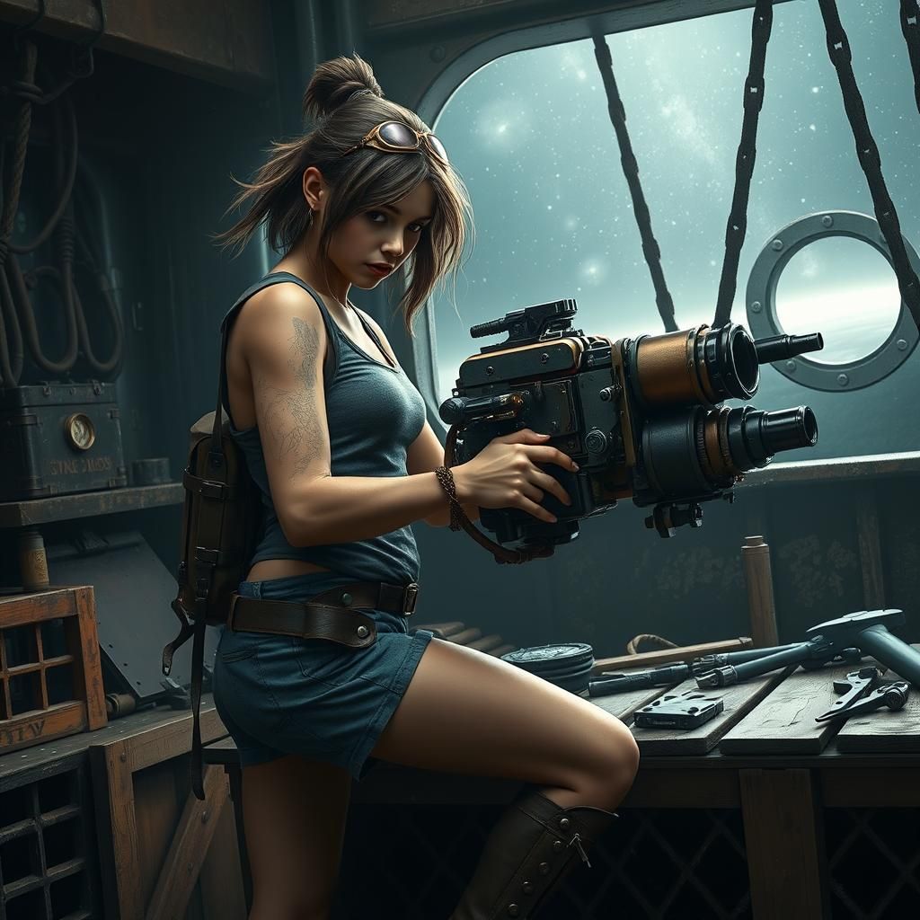 Steampunk Mechanic Working on Backpack Turret in Space