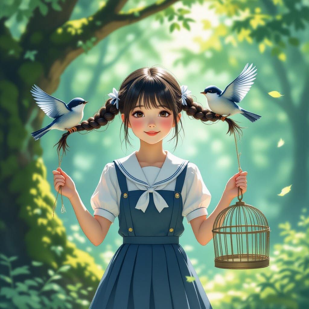 Girl in Sun-Dappled Forest with Birds Pulling Pigtails