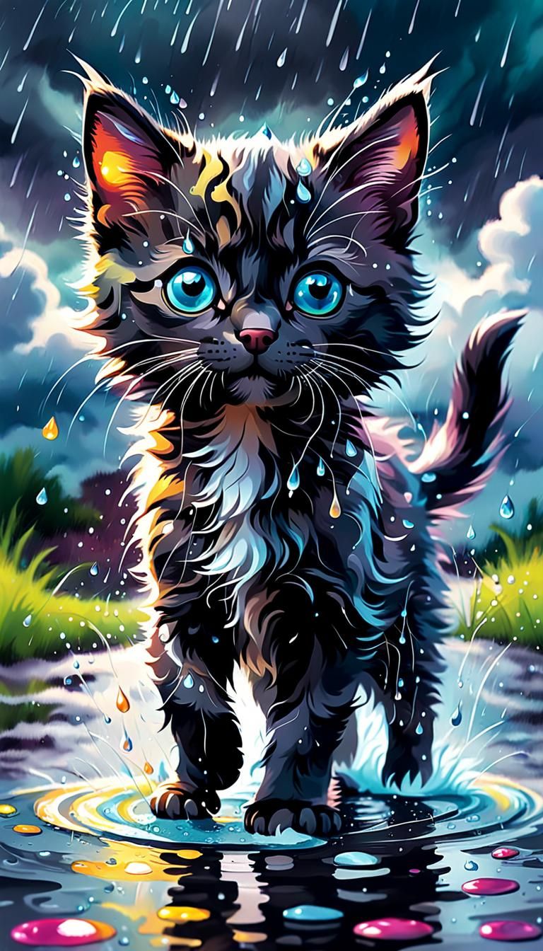 Kitten Splashing: Fauvist Digital Illustration