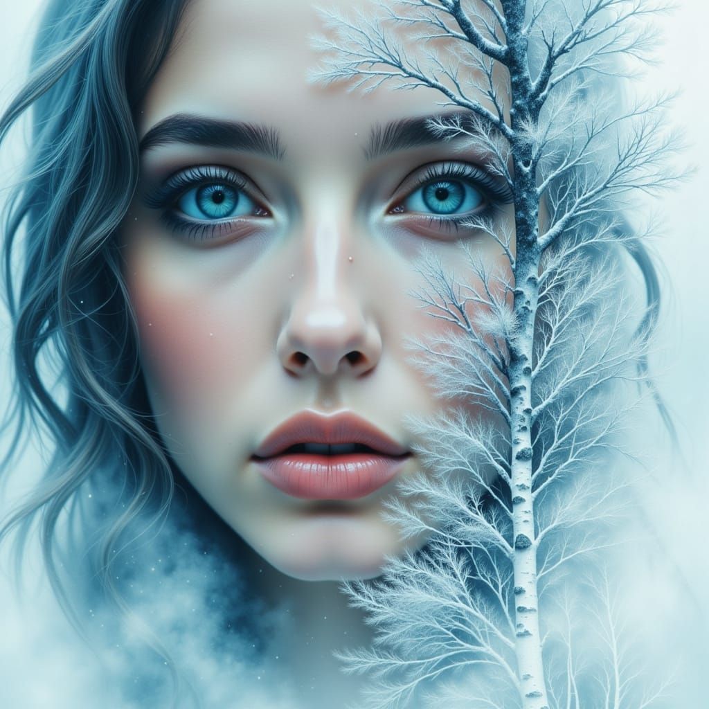 Ethereal Woman Merges with Winter Forest in Double Exposure