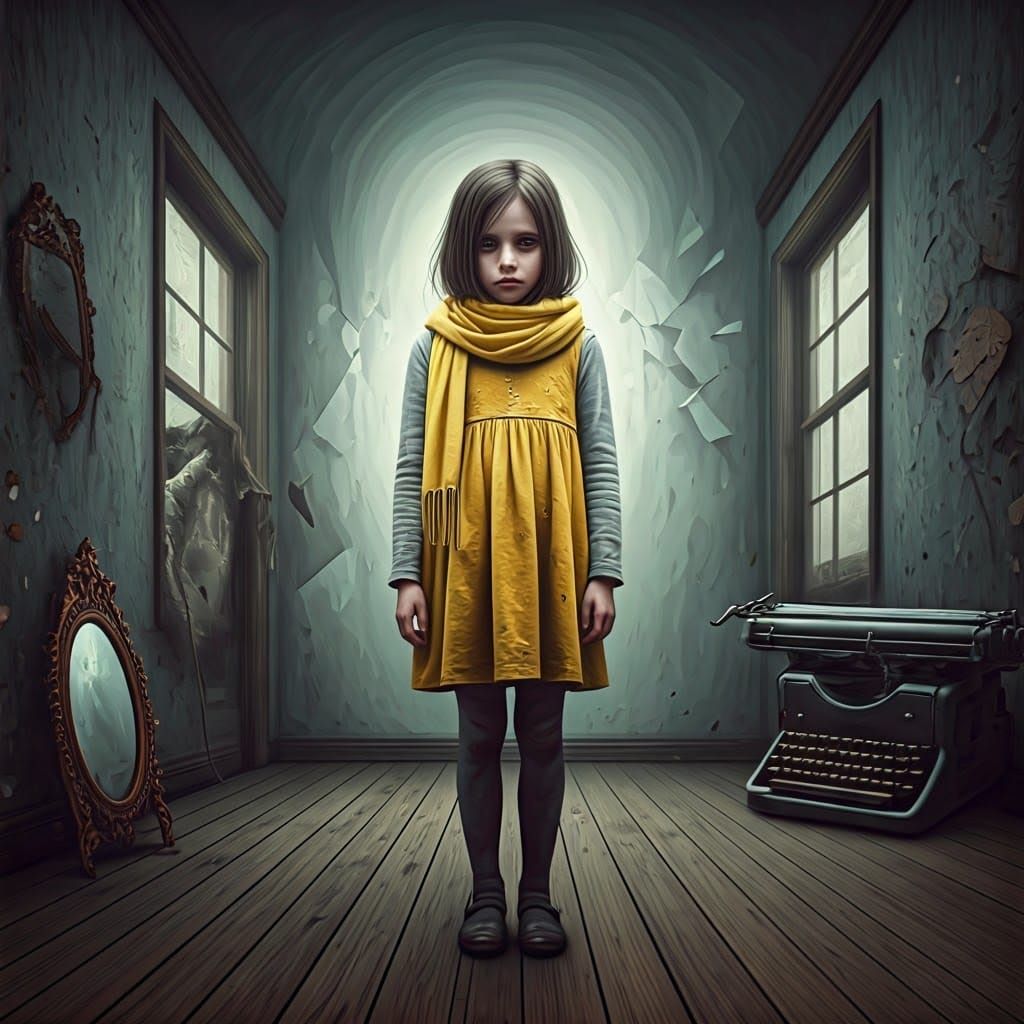 Sad Girl Dissolving into Abstract Dreamscape