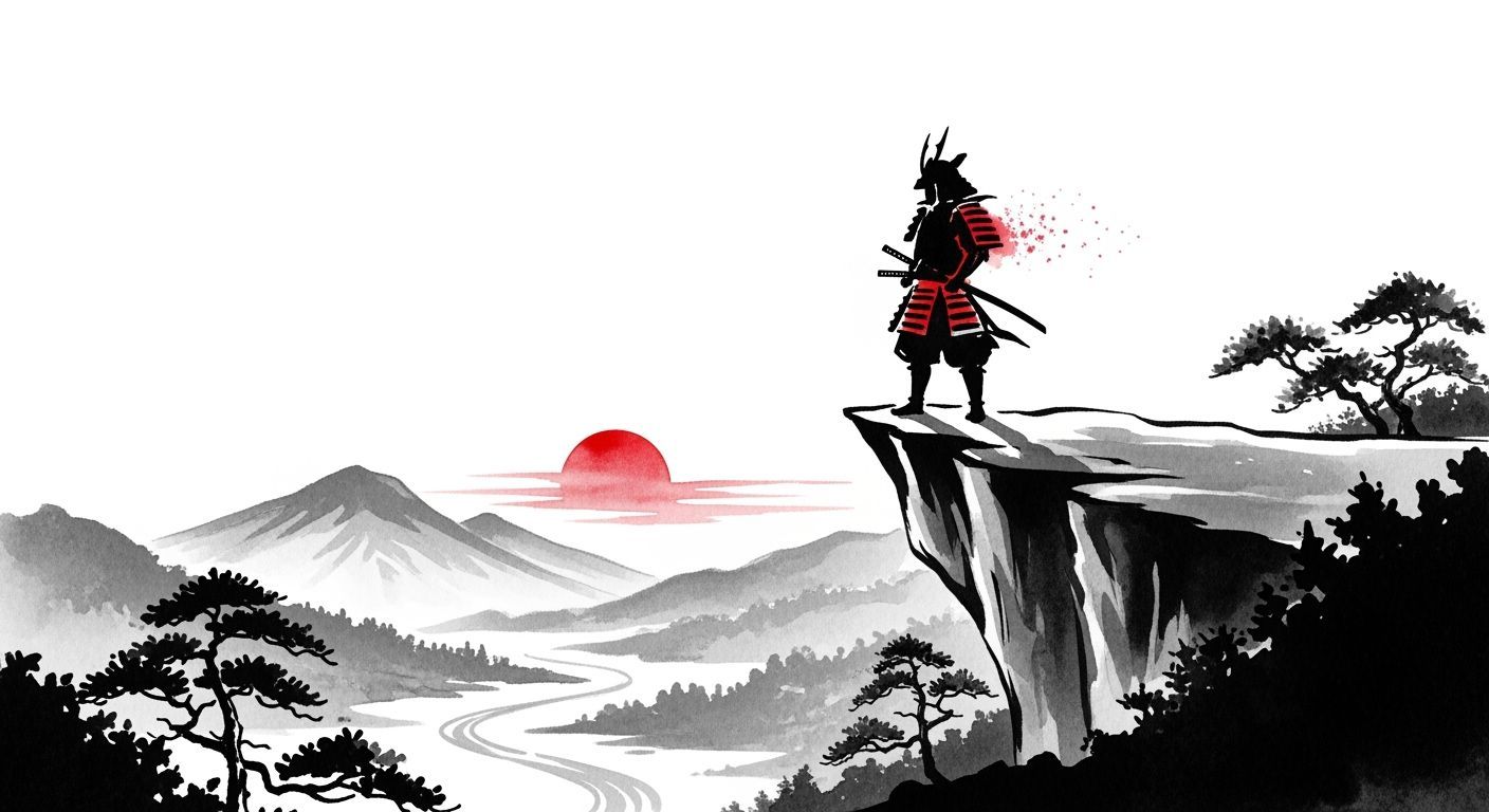 Lone Samurai on Cliff Edge in Sumi-e Style