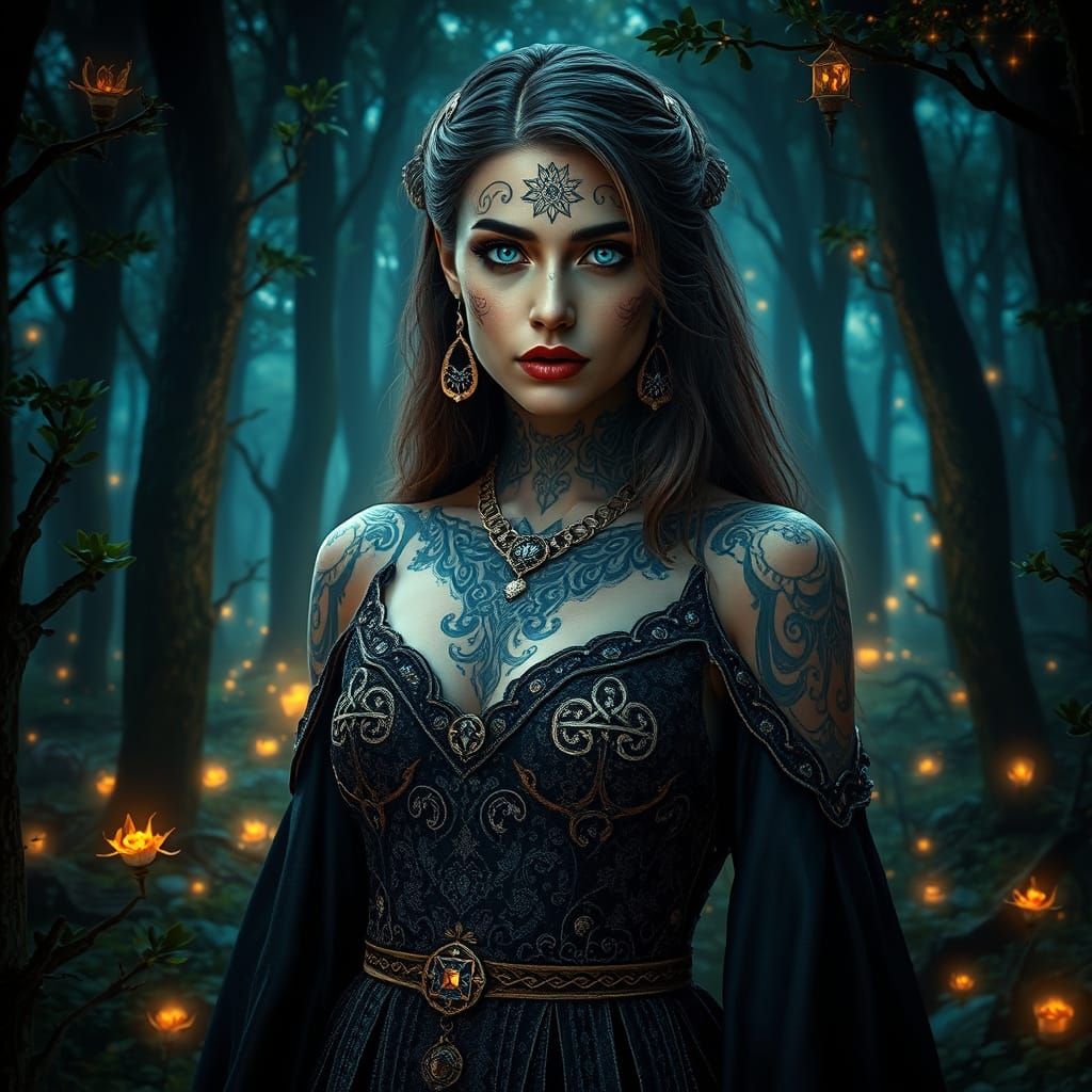 Ethereal Sorceress in Celtic-Inspired Attire, in a Dreamlike...