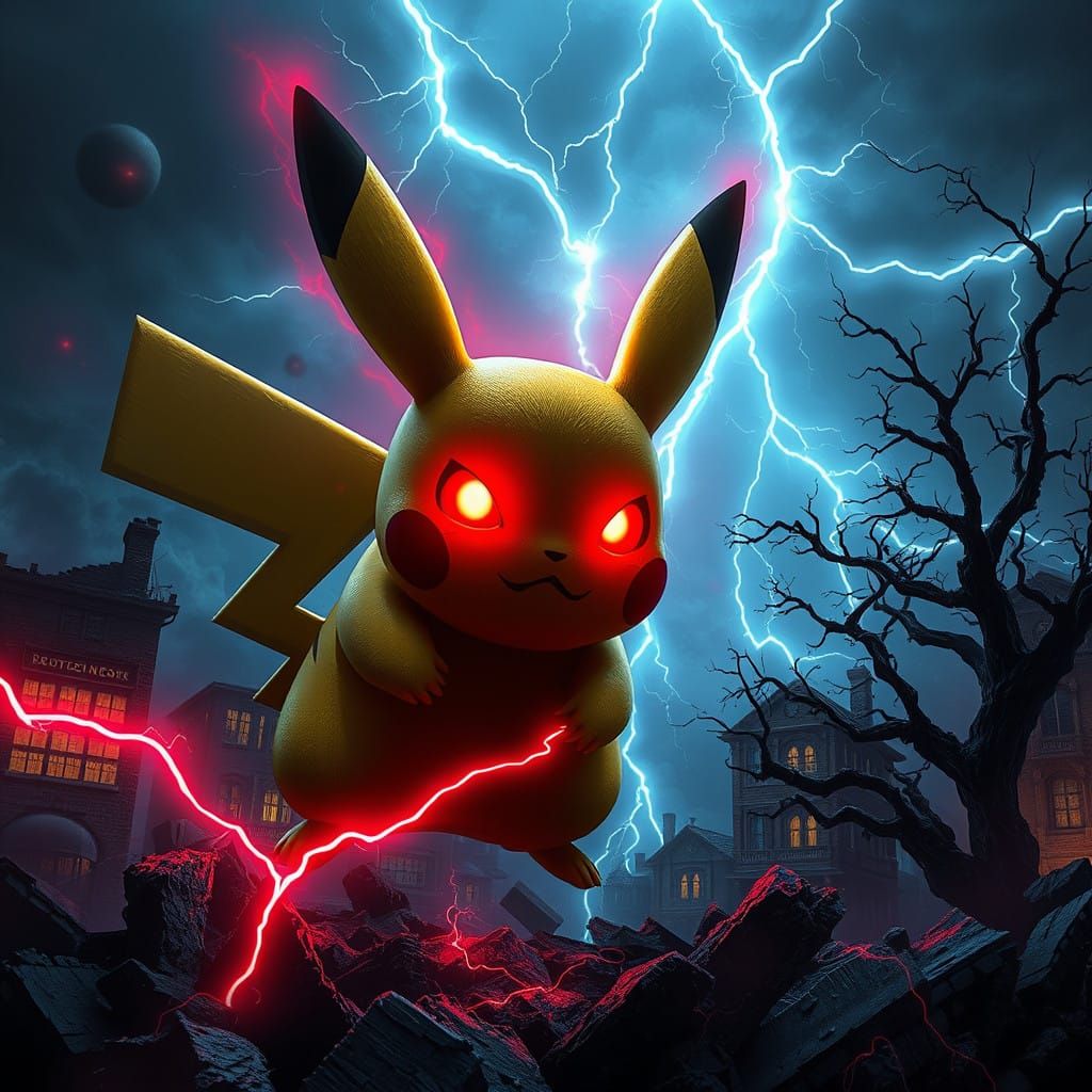 Eerie Neon-Hued Horror Scene of a Demonic Pikachu
