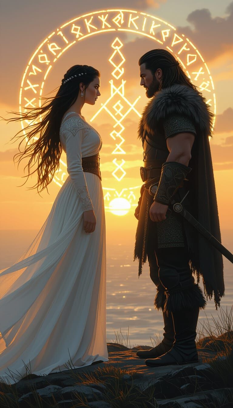Nordic Shieldmaiden and Warrior at Sunset