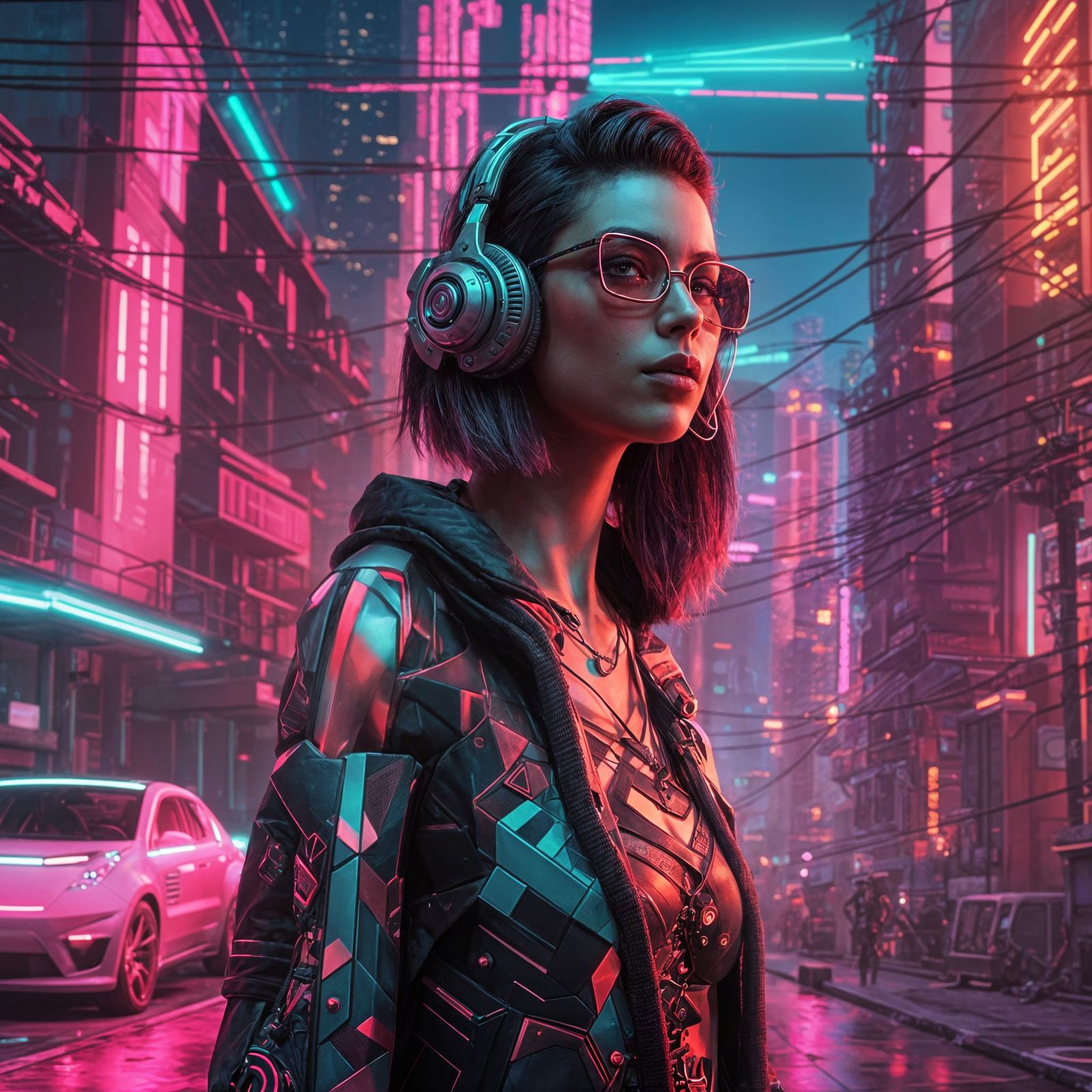 Cyberpunk Woman in Neon Cityscape with Alien