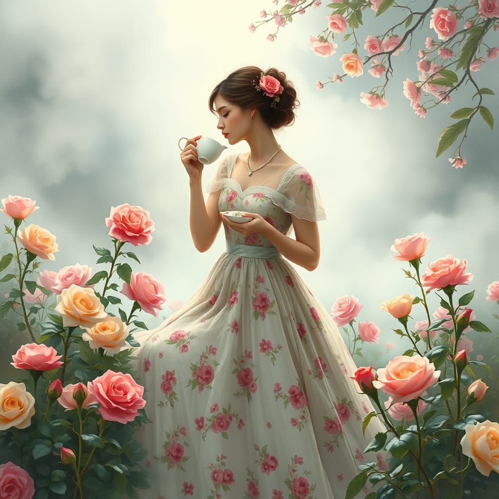 Woman Sipping Tea in Dreamy Rose Garden, Art Nouveau