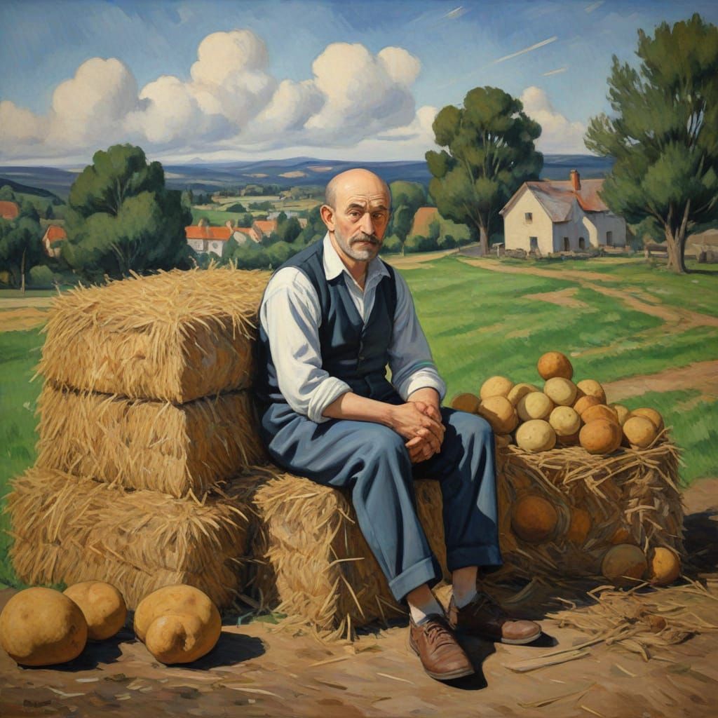 Man Mashing Potatoes on Hay in Cezanne Style
