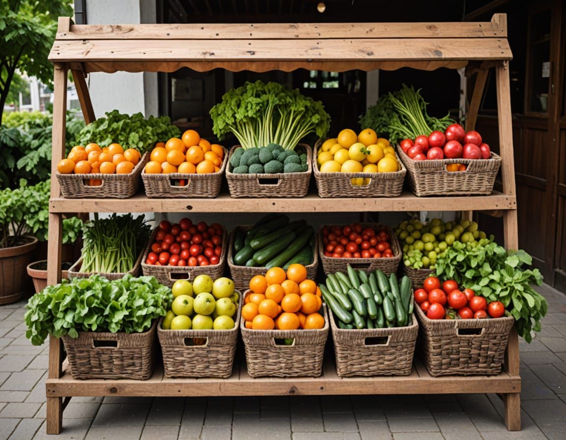 Rustic Wooden Stand Overflowing with Fresh Produce