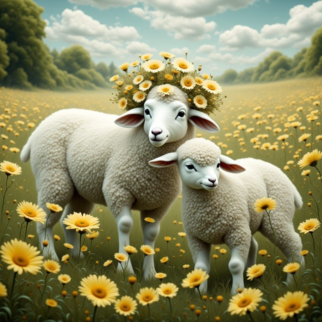 Hyperrealistic Lambs in Daisy Field with Floral Crown