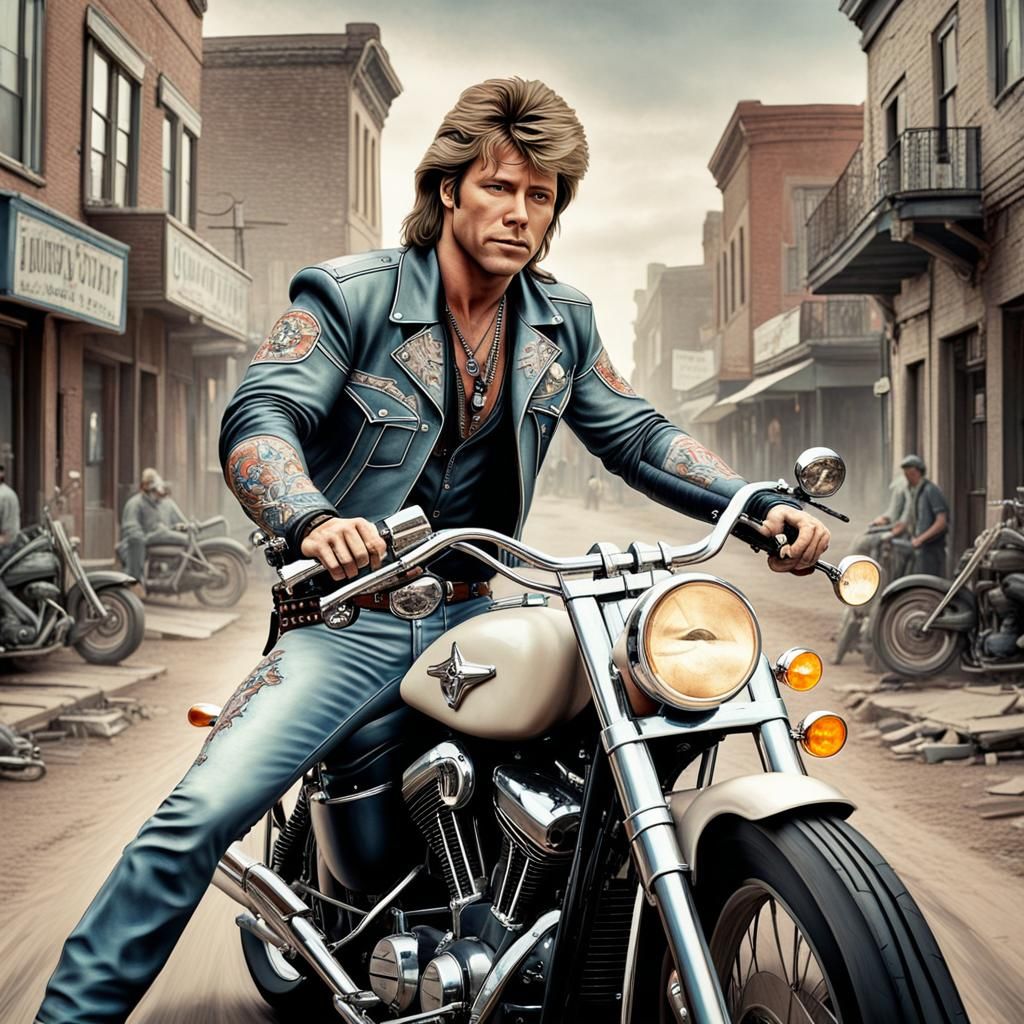 Bon Jovi Cowboy on Harley in Western Town
