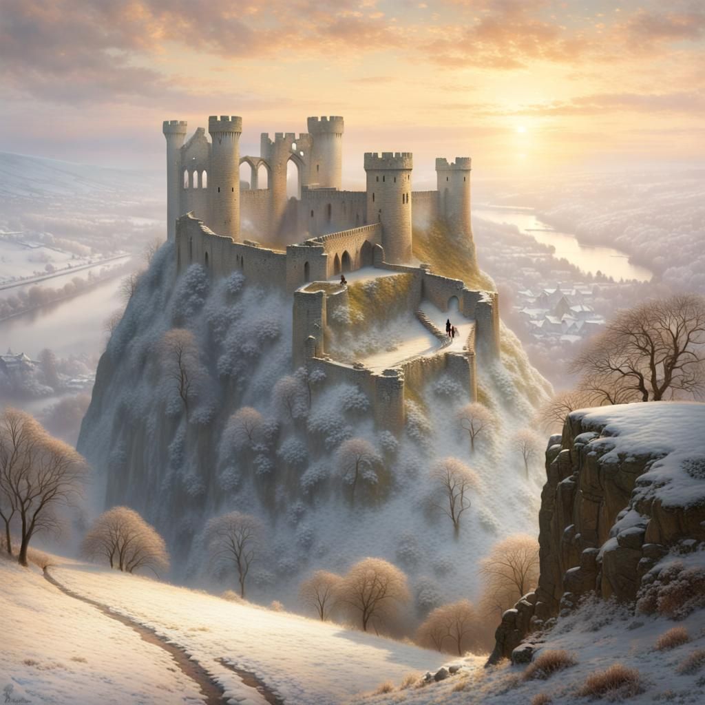 Chepstow Castle in winter overlooking snow covered Welsh cou...