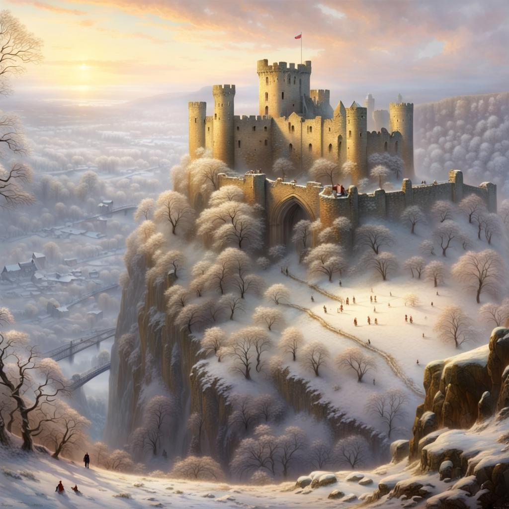Chepstow Castle in winter overlooking snow covered Welsh cou...