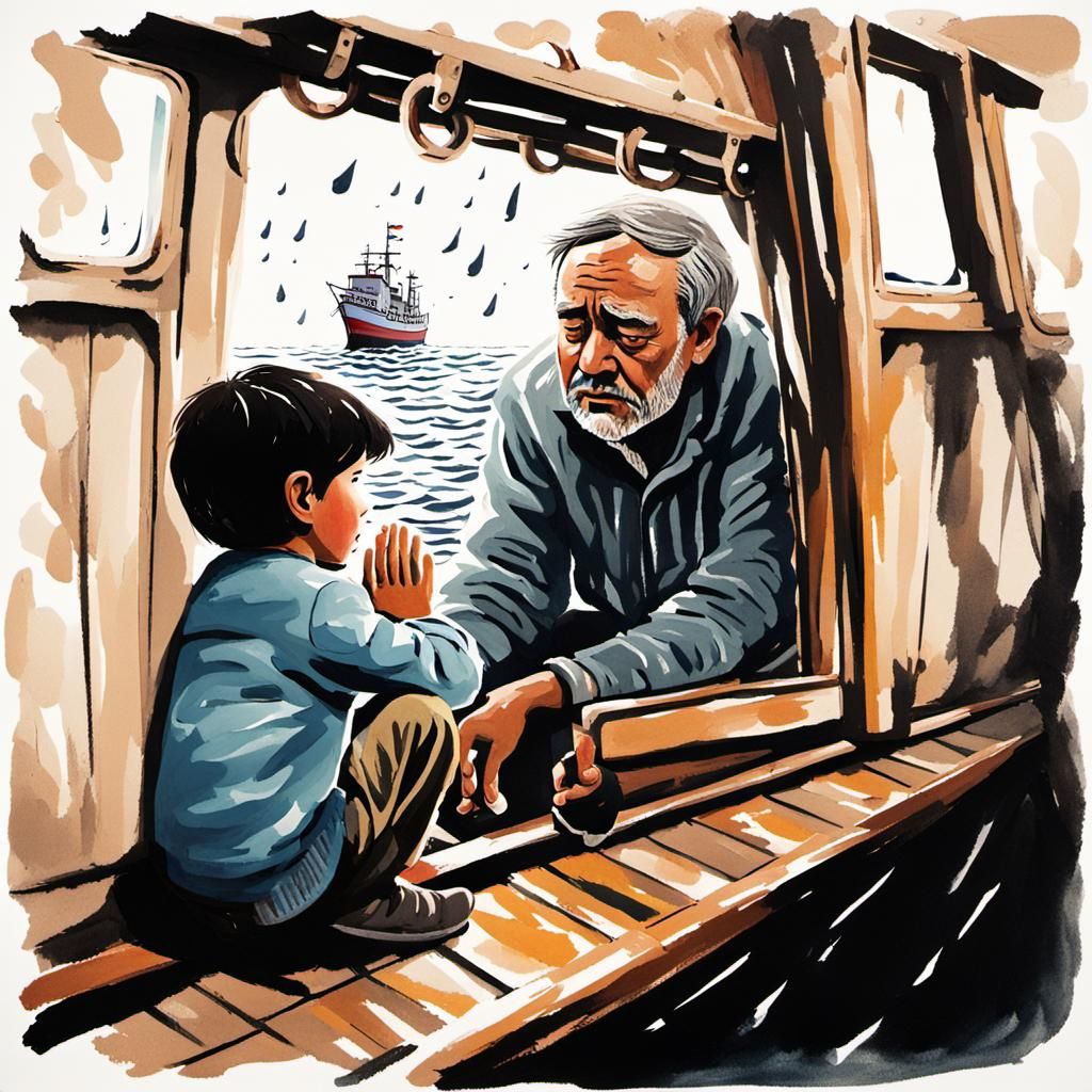 Distressed Father and Child in Ship: Gouache Painting
