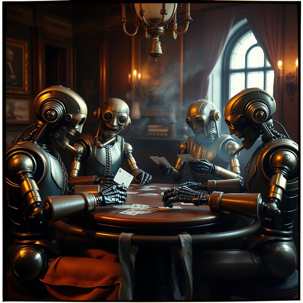 Steampunk Robots Gather for High-Stakes Poker in Vintage-Sty...