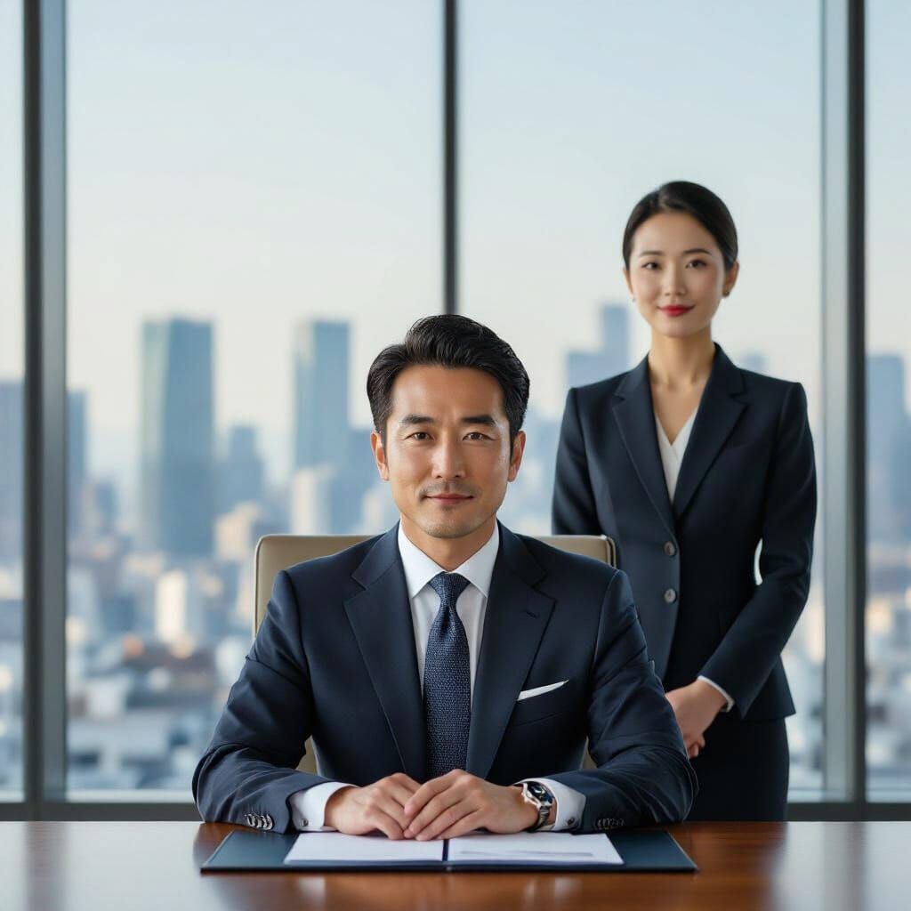 Japanese CEO with Secretary, Modern Minimalist Style