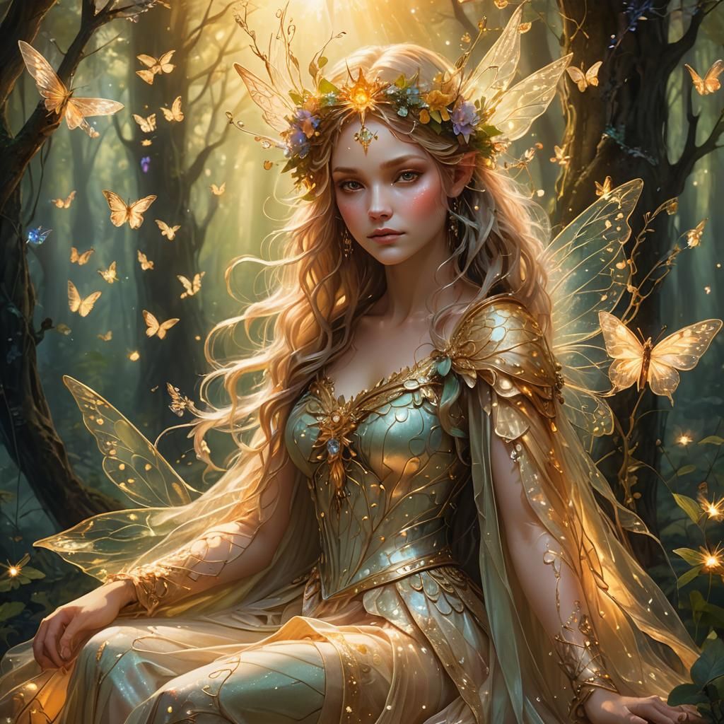 Elegant Fairy Queen on Forest Throne in Ethereal Light