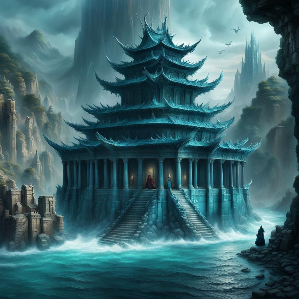 Medieval Water Temple with Dragon: Digital Matte Painting