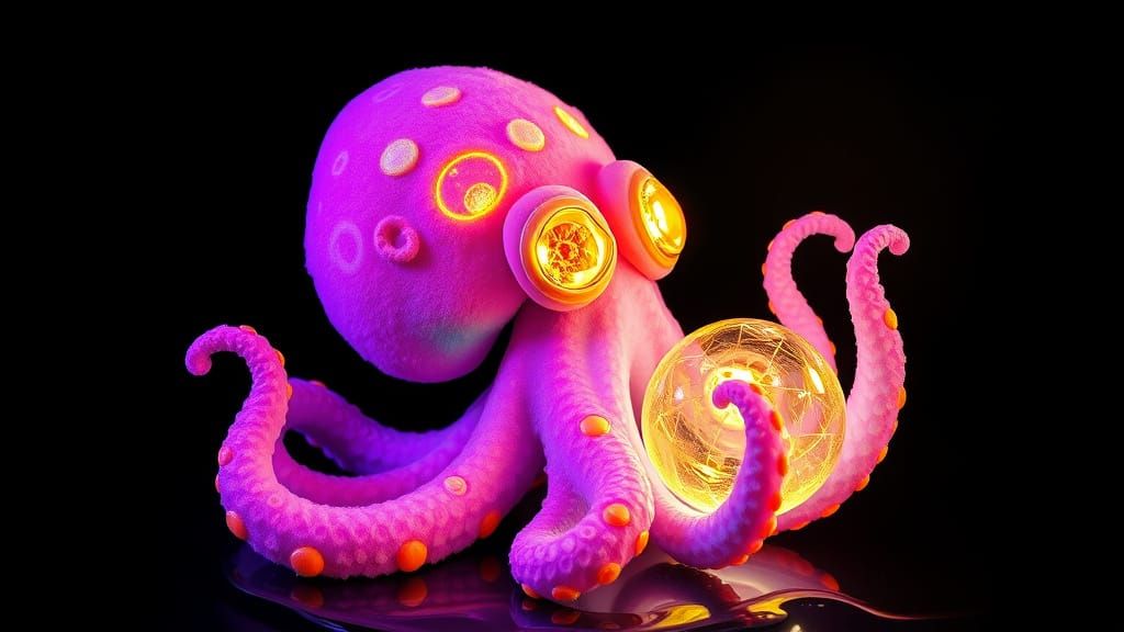 Neon Squid with Golden Orb in Surreal Scene