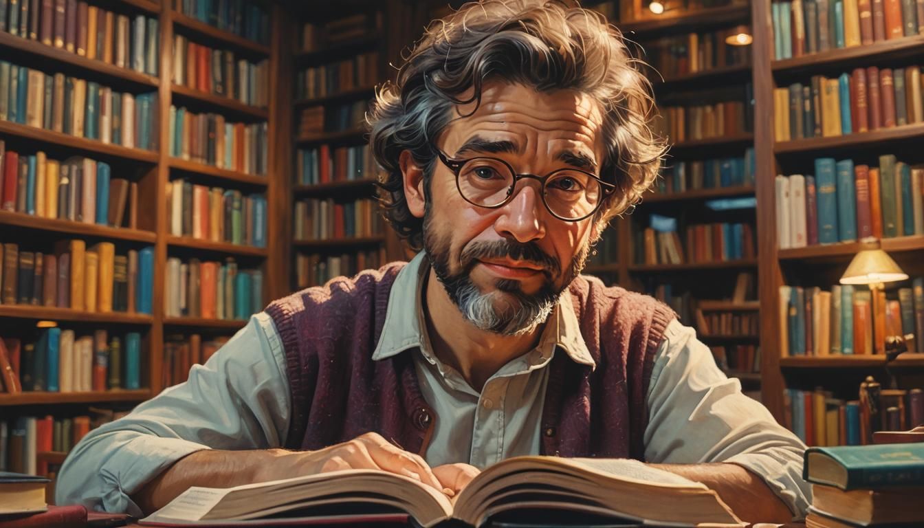 Warm Portrait of Man Reading in Cozy Library