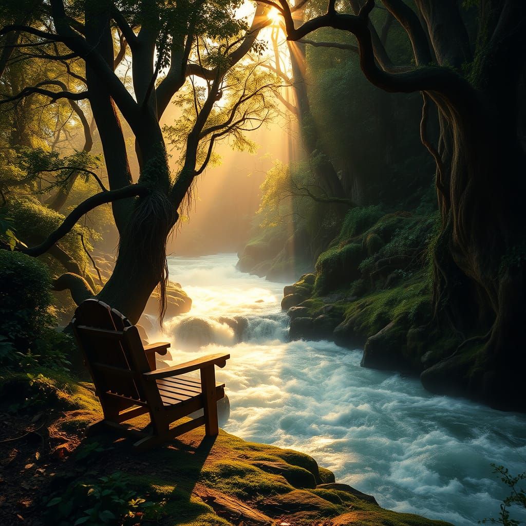 Mystical Forest Scene with Majestic Wooden Seat and Raging R...