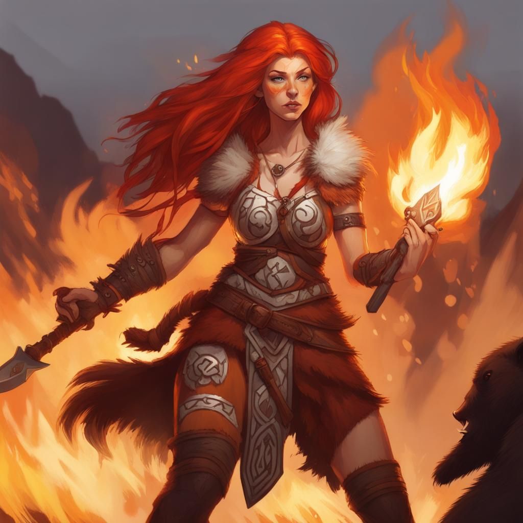 Female Kalashtar Wildfire Druid with Flaming Weapon