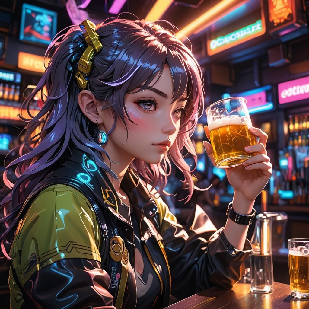 Anime Girl Drinking Beer in Neon Bar