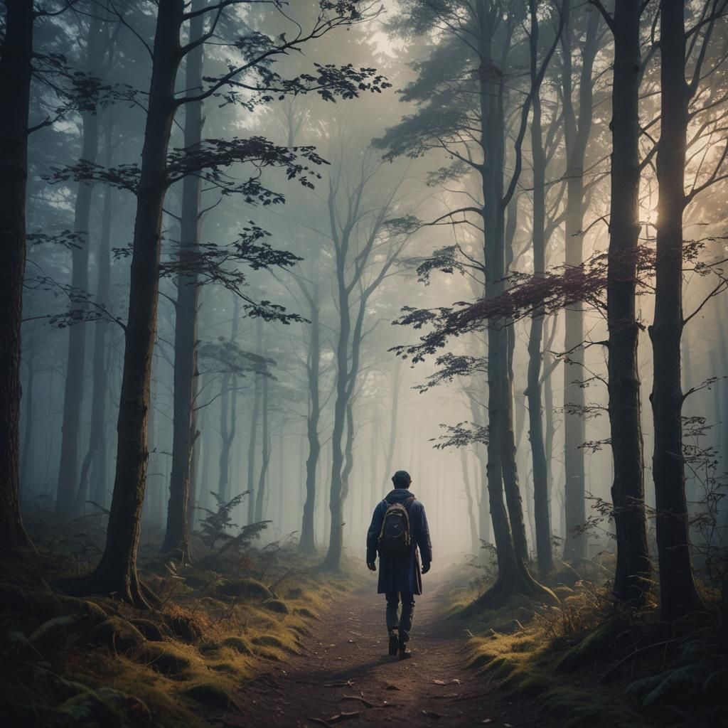 Mysterious Traveler in Misty Forest: Cinematic Still