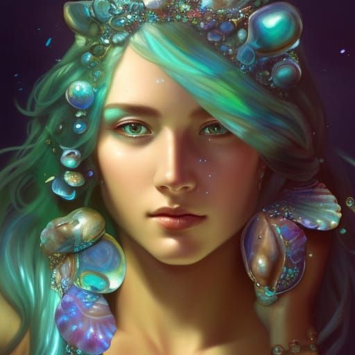 Bioluminescent Mermaid with Gemstones, Hyperdetailed Portrai...