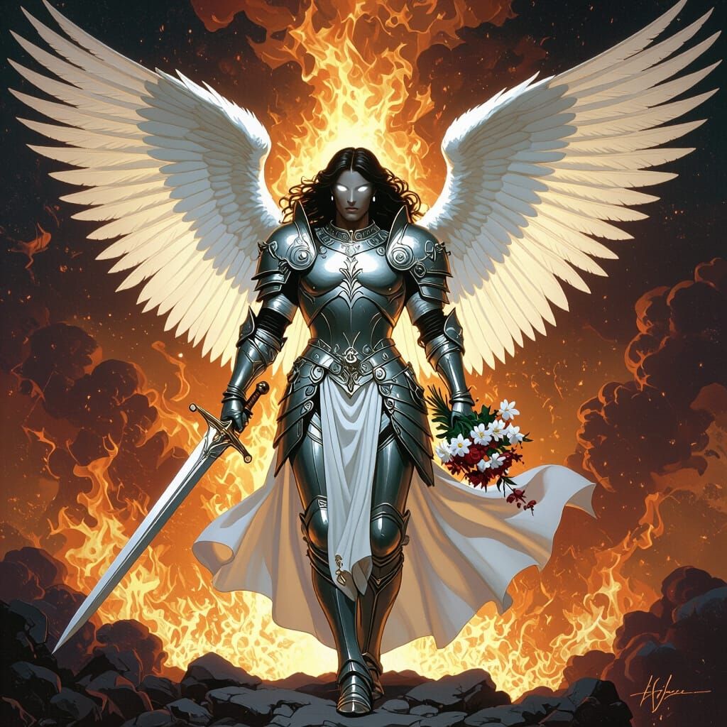 Archangel Gabriel in Armor with Sword and Flowers