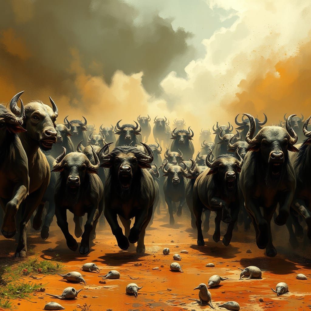 Massive Herbivore Stampede in Dark Fantasy Style