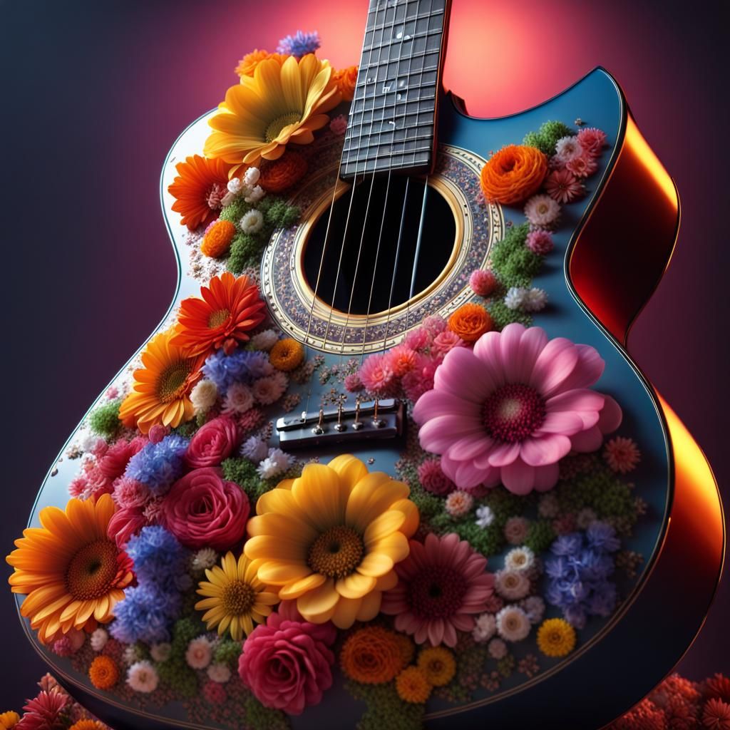 Floral Guitar: Hyperrealistic Art in Complementary Colors